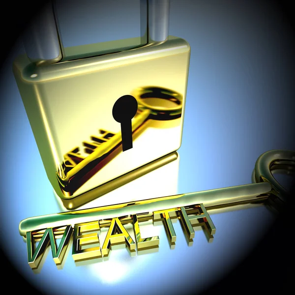 Lucchetto con la chiave di ricchezza che mostra ricchezze risparmio 3d Rendering — Foto Stock
