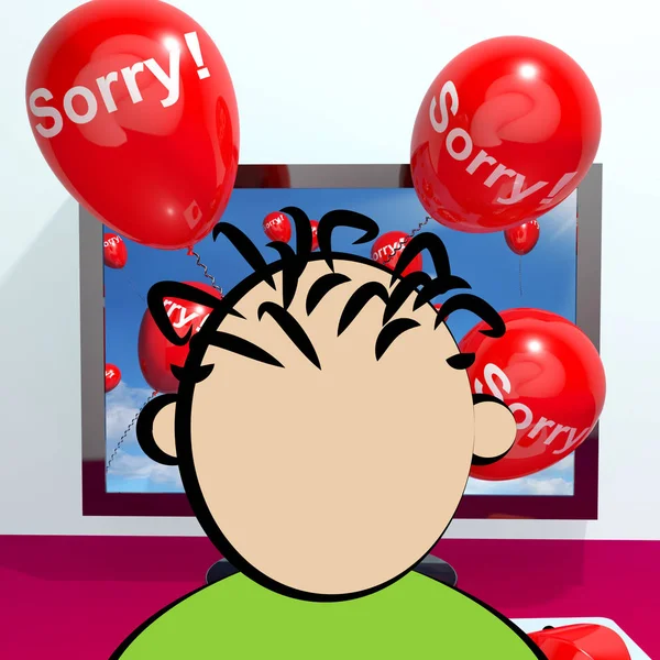 Sorry Balloons From Computer Showing Apology 3d Rendering — Stock Photo, Image