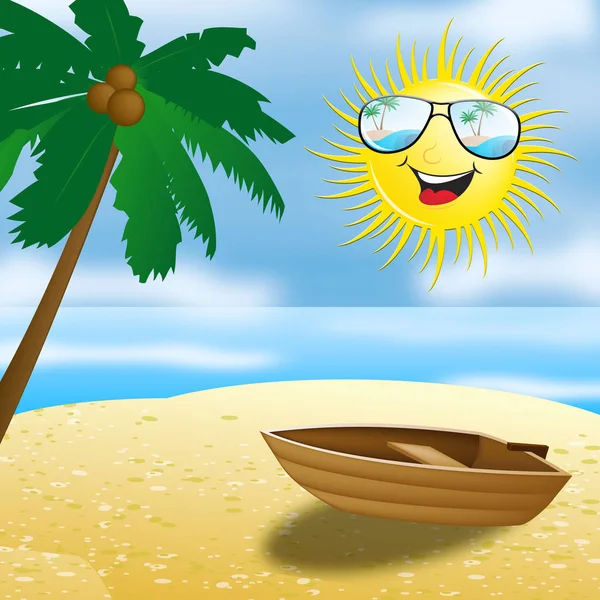 Beautiful Beach With Smiling Sun 3d Illustration — Stock Photo, Image