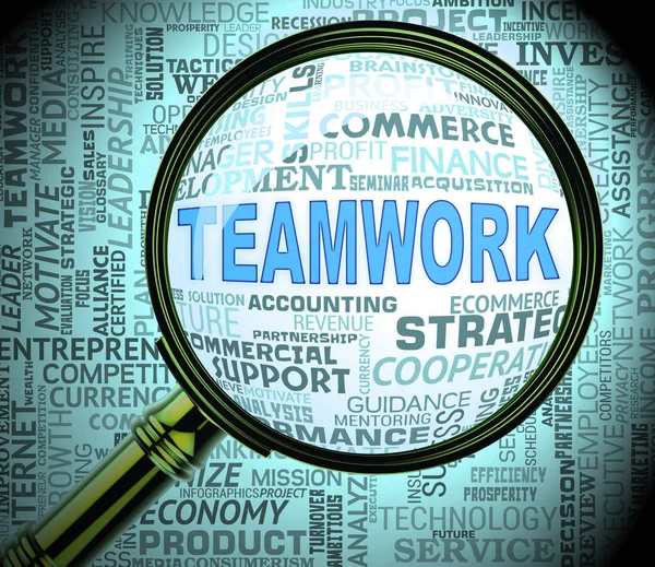 La lupa de trabajo en equipo representa la cooperación que busca la representación 3d — Foto de Stock