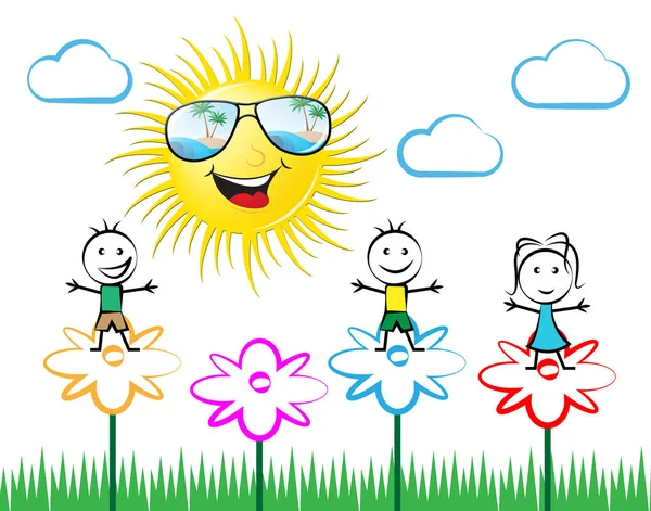 Kids On Flowers And Sunshine 3d Illustration — Stock Photo, Image