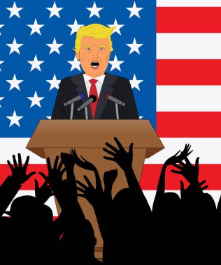 Donald Trump bayrak konuşma kalabalık ile 3d çizim