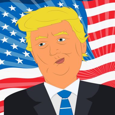 Donald Trump ve 3d çizim arkasında Amerikan bayrağı