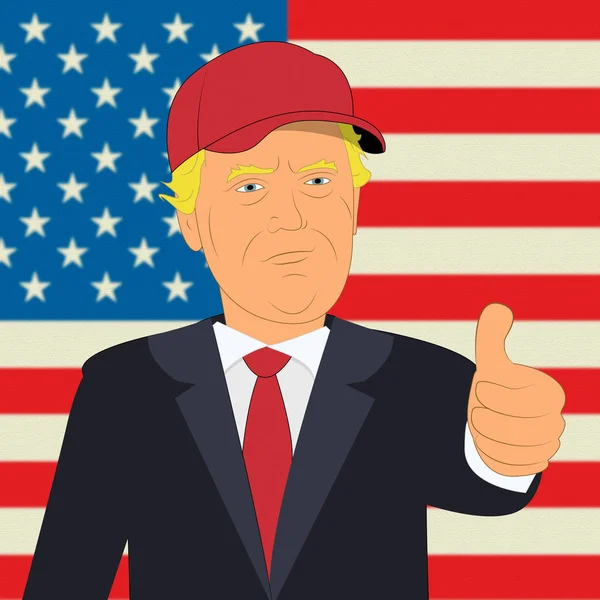 Donald trumpft mit Daumen hoch und Flagge 3D-Illustration — Stockfoto