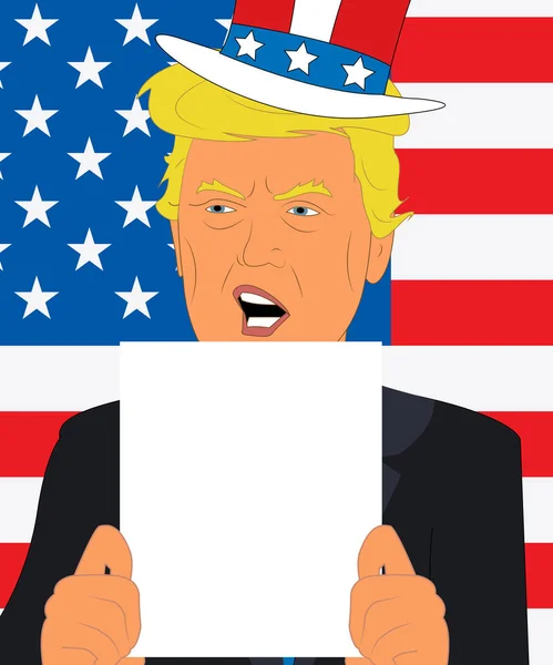 Donald Trump con papel en blanco y bandera 3d ilustración —  Fotos de Stock