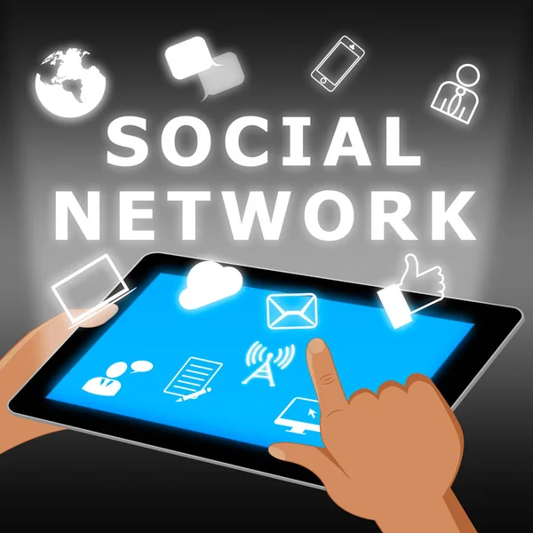 Rede Social Tablet mostra interações virtuais ilustração 3d — Fotografia de Stock