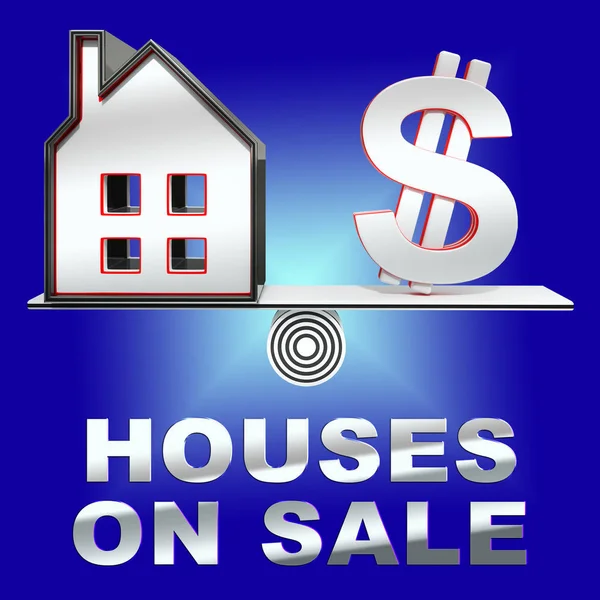 Domy na sprzedaż oznacza sprzedają dom renderowania 3d — Zdjęcie stockowe