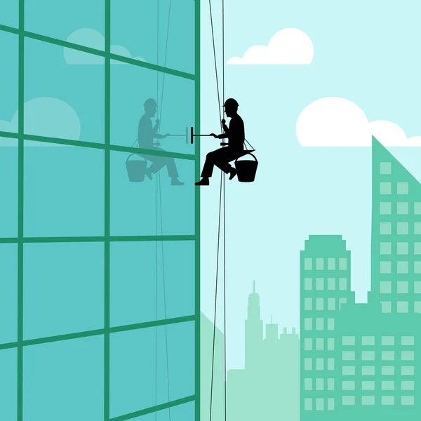 Wolkenkrabber Window Cleaner vertegenwoordigt kantoren Cityscape 3d Illu — Stockfoto