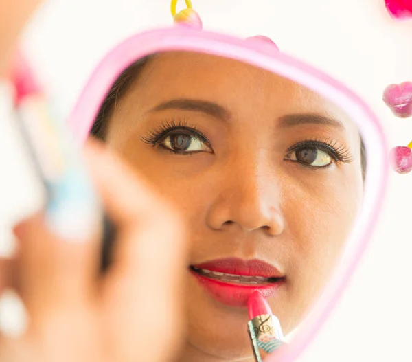 Lipstick In Mirror Application Shows Beauty And Makeup — Stock Photo, Image