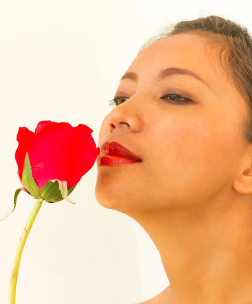 Smelling Rose Girl Shows Elegant Valentines Day — Stock Photo, Image