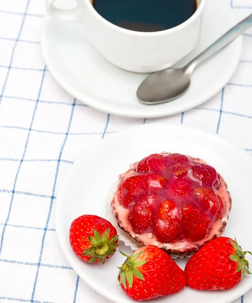 Strawberry Desert Coffee Shows Fruit Tart And Beverage — Stock Photo, Image