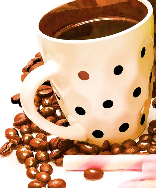 Mug of freshly brewed coffee and beans — Stock Photo, Image