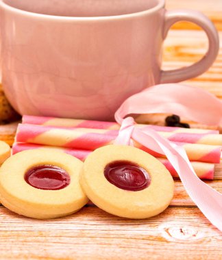 Kurabiye kahve rahatlatıcı içecek Snack ve Delicious gösterir 