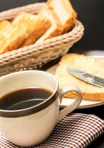 Breakfast Black Coffee Shows Meal Time And Bread — Stock Photo, Image