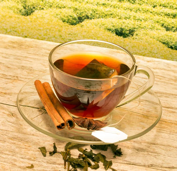 Té con canela representa tiempo de descanso y café — Foto de Stock