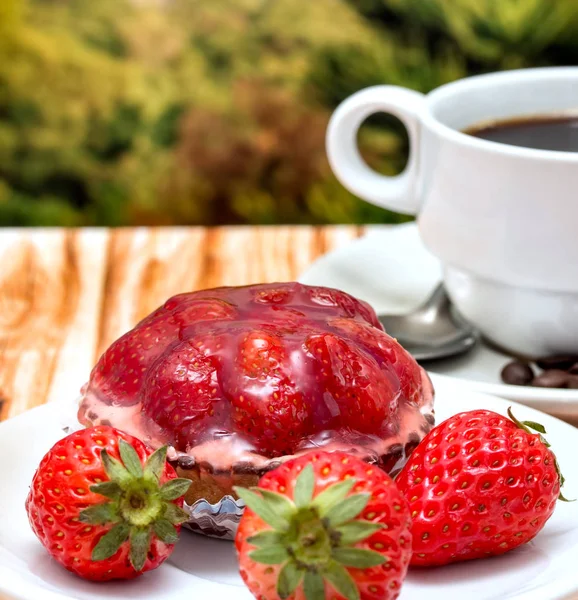 Strawberry Tart Coffee Represents Fruit Pie And Food — Stock Photo, Image