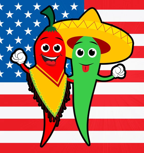 Chiles Mexicanos y Bandera Americana Ilustración 3d —  Fotos de Stock