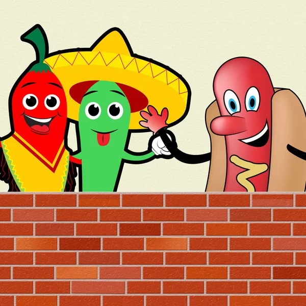 Mexikanska och amerikanska varmkorv vägg 3d Illustration — Stockfoto