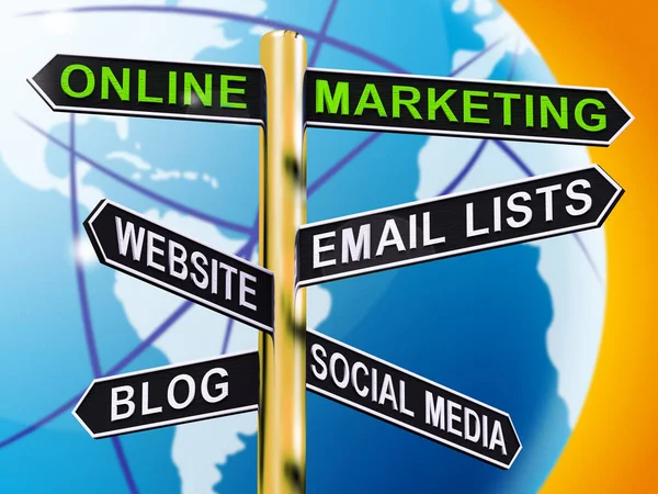 Online Marketing Signpost Showing Blogs Websites Social Media 3d — Stock Photo, Image