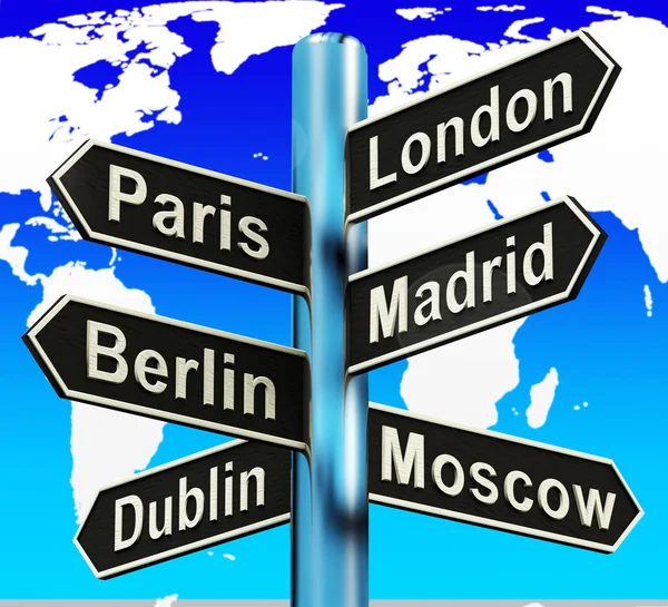 London Paris Madrid Berlin Signpost Showing Europe Travel Touris — Stock Photo, Image