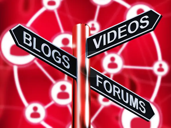 Blogs video's Forums wegwijzer toont Online 3d illustratie — Stockfoto