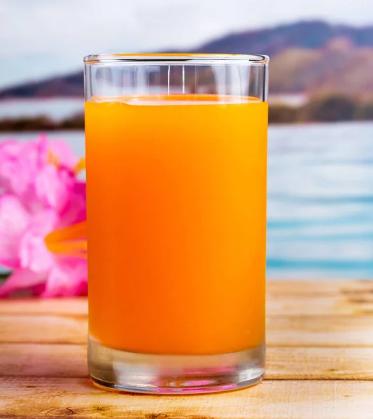 Le jus fraîchement pressé montre une boisson orange saine et naturelle — Photo