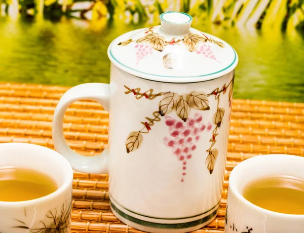 Tea On Patio Shows Break Time And Breaktime — Stock Photo, Image