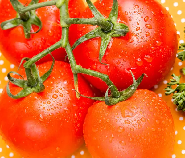 Ek yükü sulu kırmızı asma domates masa üstü üzerinde kapat — Stok fotoğraf
