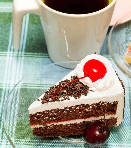 Black Forest Cake Shows Coffee Break And Beverage — Stock Photo, Image