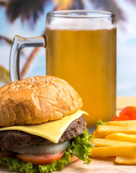 Burger Beer Meal Represents Ready To Eat And Ale — Stock Photo, Image