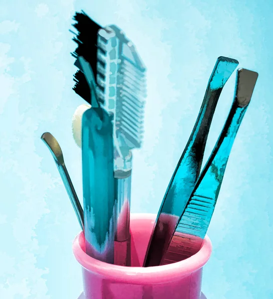 Ferramenta de maquiagem cosmética Representa pinças de sobrancelha e escova — Fotografia de Stock