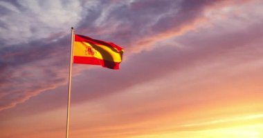 İspanya Krallığı ve başkenti Madrid 'i temsil eden İspanyol bayrağı dalgalandı. Ulusal bir bağımsızlık ve vatanseverlik sembolü - 4k