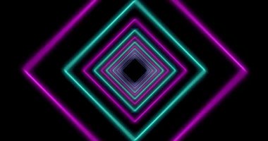 Parlayan kare çizgiler kullanarak neon tünel ışık efekti deseni oluşturuyor. Aydınlatılmış geometri, pürüzsüz yol yapar - 4k