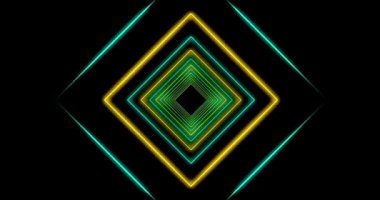 Parlayan kare çizgiler kullanarak neon tünel ışık efekti deseni oluşturuyor. Aydınlatılmış geometri, pürüzsüz yol yapar - 4k