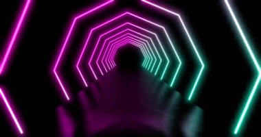 Mavi ve leylak rengi neon soyut tünel fütüristik teknoloji gösteriyor. Hareket deseninde geometrik işaretler - 4k
