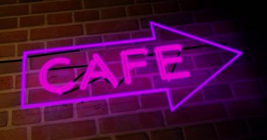 Aydınlatılmış neon kafe tabelaları açık büfe yemekleri gösteriyor. Kahve reklamı ya da kahvaltı barı - 4K