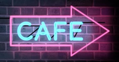 Aydınlatılmış neon kafe tabelaları açık büfe yemekleri gösteriyor. Kahve reklamı ya da kahvaltı barı - 4K