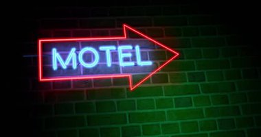 Neon motel tabelası konaklama için motor pansiyonu anlamına geliyor. Yol misafirhanesinde tatil ya da seyahat odası - 4K