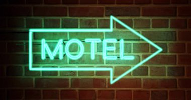 Neon motel tabelası konaklama için motor pansiyonu anlamına geliyor. Yol misafirhanesinde tatil ya da seyahat odası - 4K