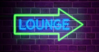 Neon Lounge tabelası rahatlama için havaalanı barını gösteriyor. Renkli bir reklam ya da tipografi ile grafik - 4k