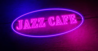 Müzikal bar eğlencesinin girişinde Jazz Cafe tabelası. Canlı müzik ve bar için neon tabela - 4K