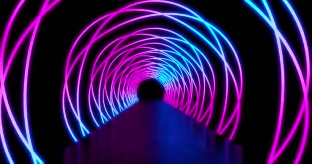 圆形中的霓虹灯路径显示出一个抽象的隧道 一条以几何光穿过网络空间公路的无缝通道 4K环路 — 图库视频影像