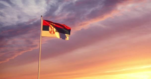 Развевающемся Сербском Флаге Изображена Республика Сербия Столицей Белгравом Государственный Герб — стоковое видео