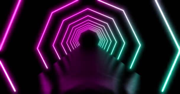 蓝色和紫色霓虹灯抽象隧道显示未来技术 运动模式中的几何符号 — 图库视频影像