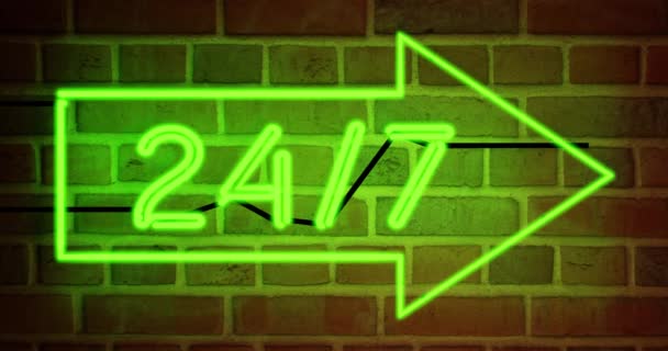 Neon Sign Mostra Negócio Aberto Suporte Disponível Qualquer Momento Comercial — Vídeo de Stock