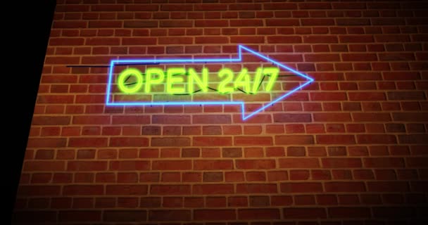 Buka Neon Sign Menunjukkan Bisnis Terbuka Dan Dukungan Tersedia Kapanpun — Stok Video