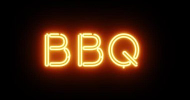 Barbekü neon işareti, kızarmış ızgara yemek anlamına geliyor. Pirzola ya da biftekten yapılan sıcak parti yemeği - 4K