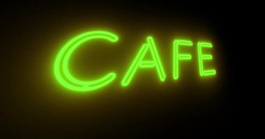 Aydınlatılmış neon kafe tabelaları açık büfe yemekleri gösteriyor. Kahve reklamı ya da kahvaltı barı - 4K