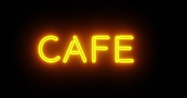 Lokanta kafesinin dışındaki neon kafe tabelası. Yemek için. Yemek ve çay gibi içecekler için.