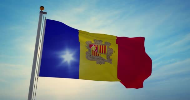Andorrai Zászlólobogás Andorrai Fejedelemség Nemzeti Lobogója Vagy Jelképe Nemzeti Demokratikus — Stock videók